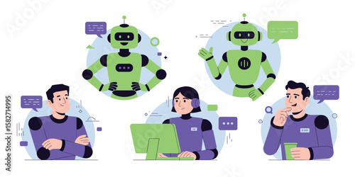 Business Scene with AI Tools – Vector Art Showing Person Working with Generative AI for Marketing Strategies, Content Development, and Prompt Engineering in Office Setting