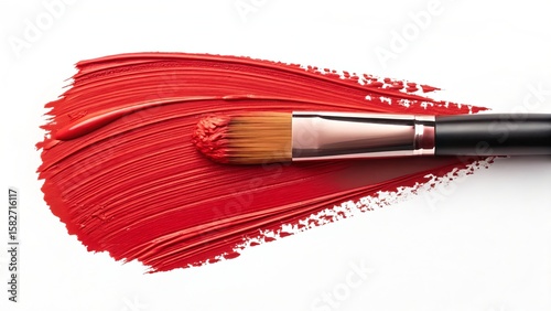 A vibrant red paint stroke is applied with a brush, isolated on white background, creating a textured artistic effect