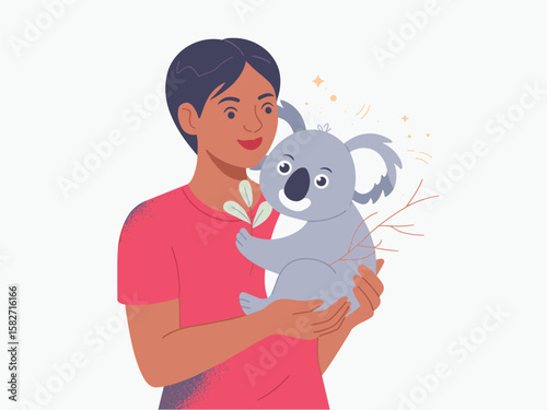 Koala Cuddle Cheerful Flat Vector Illustration of a Woman Holding a Koala
