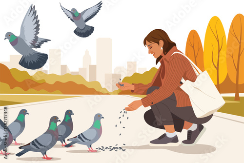 Woman Feeding Pigeons in Autumn Park Illustration
