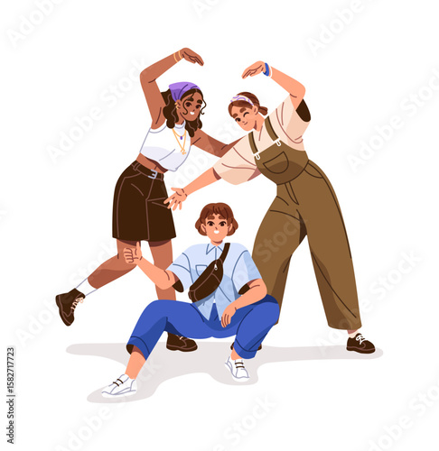 Happy group of cute girls is posing together. Smiling people are hand gesturing heart sign, wink. Excited friends show symbol of love, friendship. Flat isolated vector illustration on white background