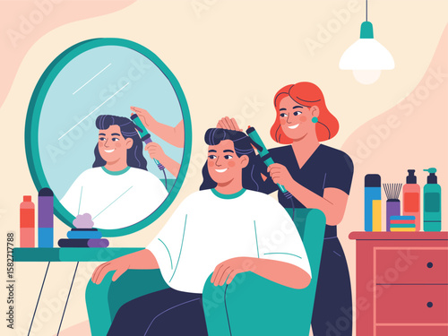 Hair Salon Stylist Giving Customer Haircut in Beauty Parlor
