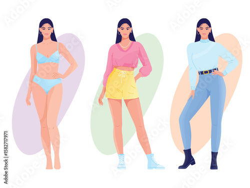 Fashion Illustration of Women in Various Outfits and Body Types