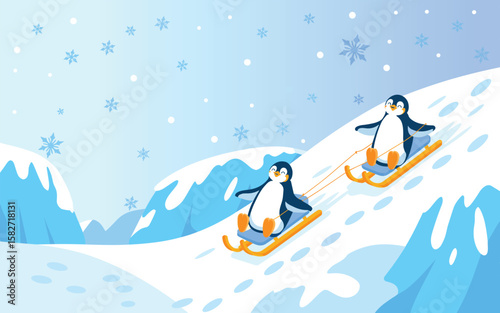 Joyful Penguins Sledding Down Snowy Hill Illustration