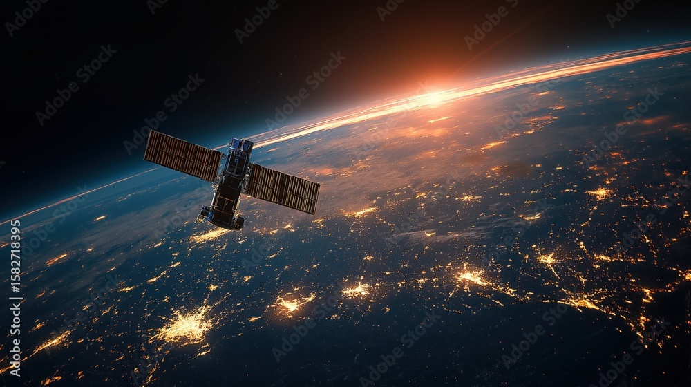 Obraz premium Satellite orbits above earth s glowing cities at sunrise with atmospheric light streaks