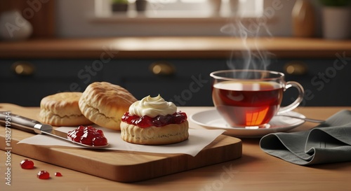 Wallpaper Mural Fresh scones with jam and cream served with steaming black tea in kitchen Torontodigital.ca