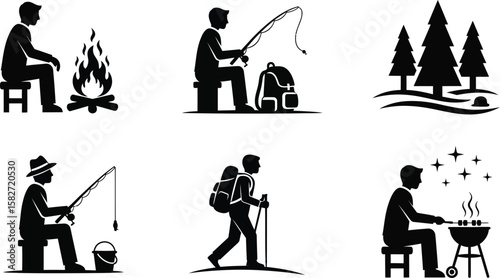 Camping and outdoor recreation icons showcase fishing, hiking, and campfire activities.