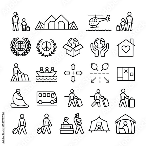 Collection of Black and White Line Art Icons Depicting Refugee Crisis Humanitarian Aid Migration Displacement Travel Transportation Shelter Family Child Peace Global Symbols