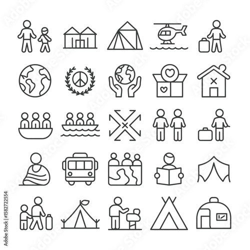 Collection of Black and White Line Icons Depicting Refugee Crisis Humanitarian Aid Global Issues Migration Displacement Asylum Seekers Travel Transportation Shelter Camps Boats