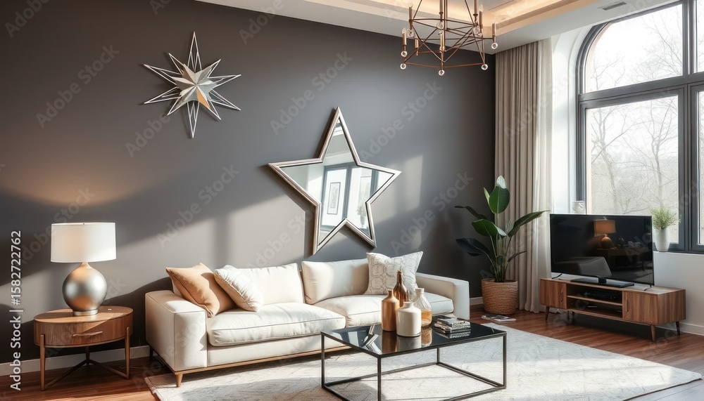 Fototapeta premium Elegant living room interior with star mirrors and stylish furniture design
