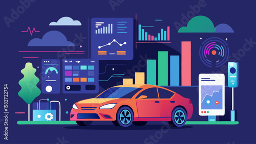 A car is shown in a futuristic setting with a lot of technology and data surrounding it. The car is orange and is the main focus of the image. The background features a lot of data and technology