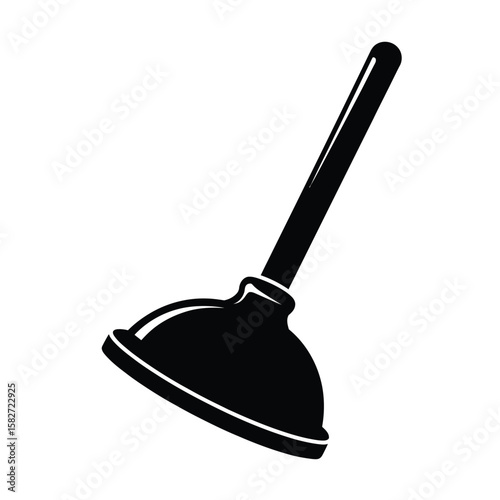 Black silhouette of a plunger with a wooden handle on a white background