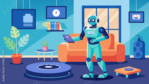 A robot vacuum cleaner is sitting on a table in a living room. A cell phone is on the table next to the robot. The room is decorated with a couch, a chair, and a potted plant