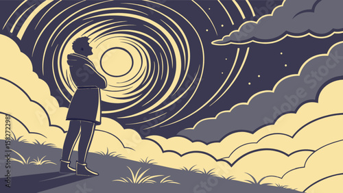 Illustration of man silhouette looking at spiral galaxy, clouds and stars, night sky landscape art