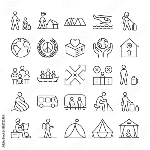 Collection of Black and White Line Icons Depicting Refugee Crisis Humanitarian Aid Global Migration and Displacement Travel Transportation Shelter and Assistance
