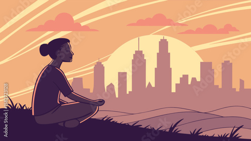 Woman meditating mindfulness in city park at sunset for mental health and wellness illustration design