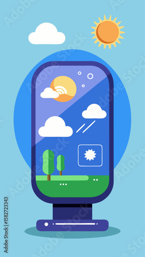 A computer monitor with a clock on the left side and a calendar on the right. The background features a cloudy sky and a potted plant