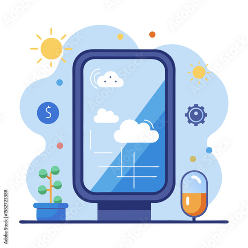 A computer monitor with a clock on the left side and a calendar on the right. The background features a cloudy sky and a potted plant