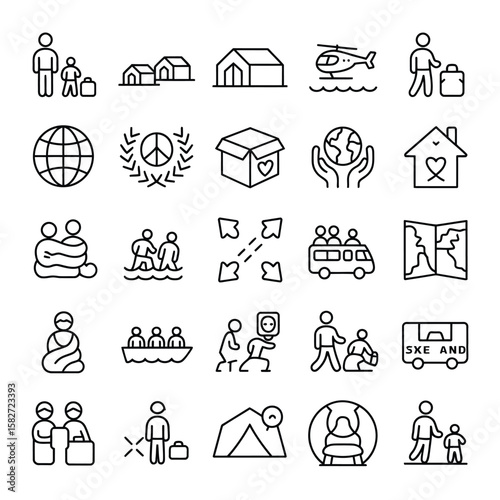 Collection of Black and White Line Icons Depicting Refugee Crisis Humanitarian Aid Global Migration Displacement Asylum Seekers Travel Transportation Shelter Family Support