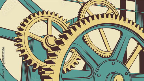 Vintage industrial gears mechanism illustration for engineering and manufacturing design concept art