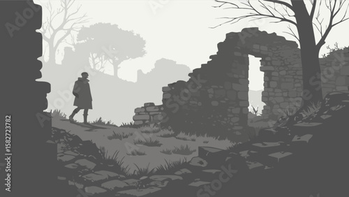 Man walking through ruins landscape painting art print scenic view travel destination monochrome artwork scene