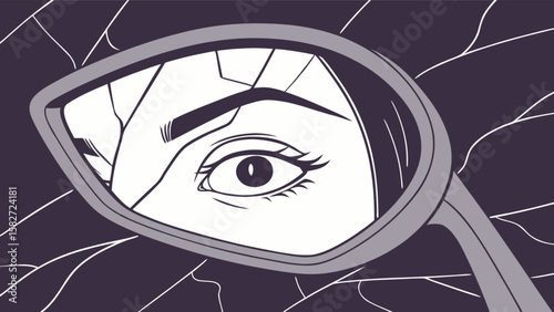 Eye reflection in broken mirror illustration digital art with dark background and white cracks design