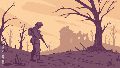 World war soldier in destroyed landscape illustration background vector graphic design scene drawing art