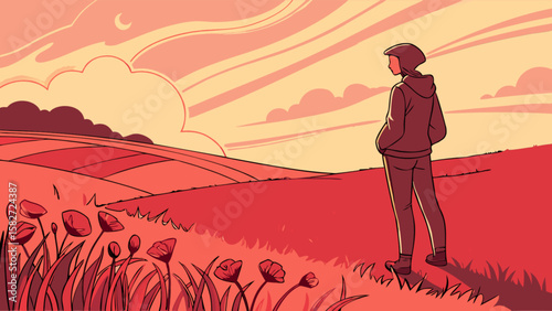 Illustration of a person standing in a field of flowers looking at the sunset landscape art design