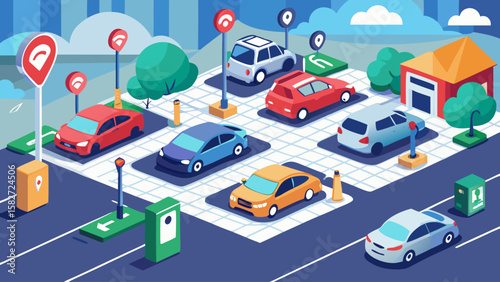 A busy city street with cars parked in a parking lot. The parking lot has a green sign that says "Parking Meter" and a red sign that says "No Parking."