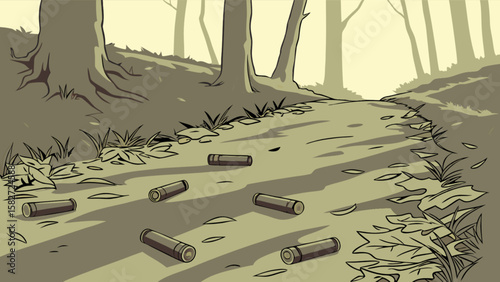 Spent ammo casings in forest scene illustration vector art for crime scene investigation and evidence collection