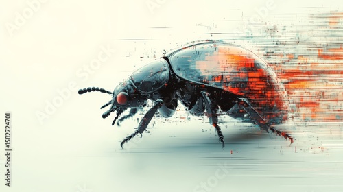 Pixelated beetle moving forward leaving digital glitch trail effect