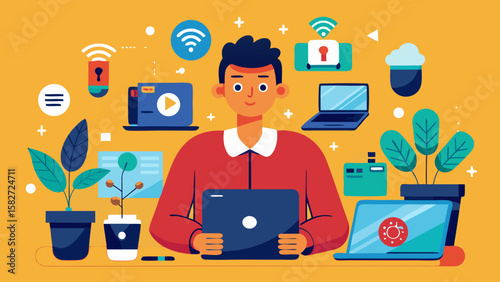 A man is sitting at a desk with a laptop and a cell phone. He is smiling and he is enjoying his work. The desk is cluttered with various items, including a potted plant, a cup, a keyboard