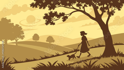 Illustration of girl walking dog in nature landscape with trees and planet in the sky art design