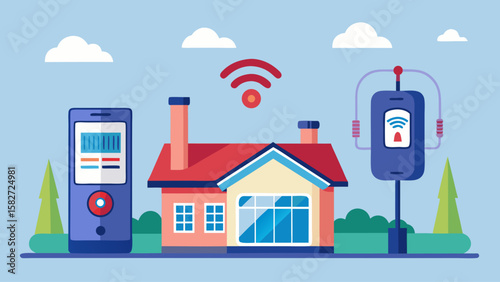 A house with a lot of technology and gadgets, including a robot, a smart thermostat, and a smart TV