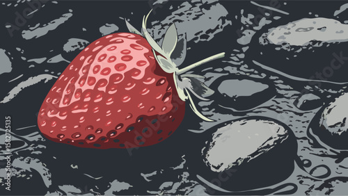 Illustration of a single strawberry on a rocky surface, perfect for food blogs and fruit themed designs