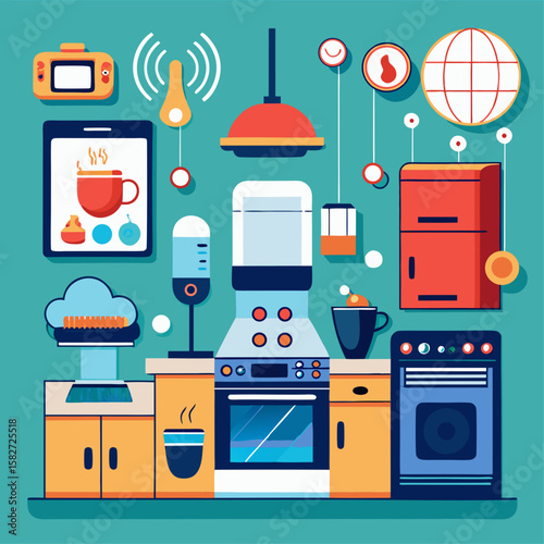 A kitchen with a stove, oven, microwave, and refrigerator. The kitchen is colorful and has a modern design