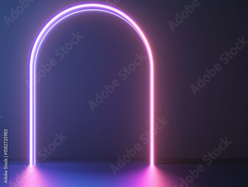 Luminous neon arch casting vivid pink and blue light rays across shadowy surface, generating futuristic, minimalist design aesthetic with intense glowing effect