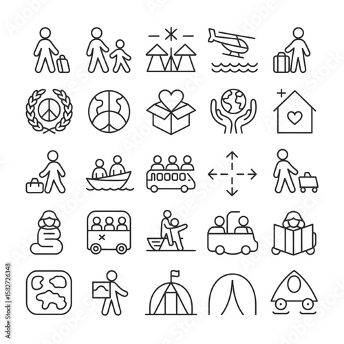 Collection of Black and White Line Icons Depicting Travel Migration Humanitarian Aid Peace Symbols Family Groups Transportation Methods and Shelter