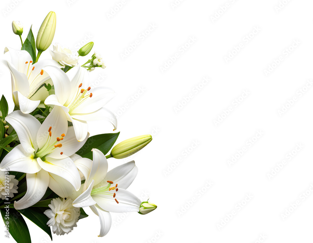 Fototapeta premium Condolence Card with White Flowers on Transparent Background PNG