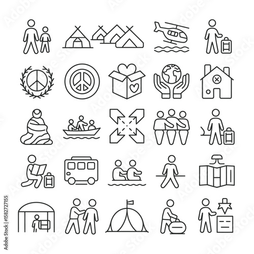 Collection of Black Line Icons Depicting Humanitarian Aid Refugee Migration Peace Global Support Travel Transportation Shelter and Community Assistance