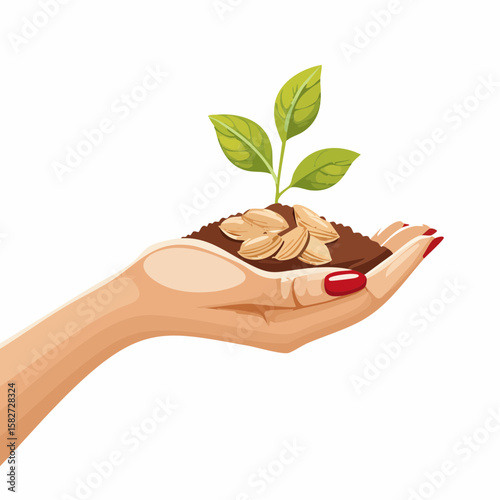 Vector icon of hand with plant seeds