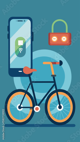 A blue bicycle with a lock on the handlebars. A cell phone is next to the bicycle