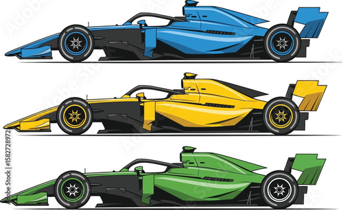 Three race cars in blue, yellow, and green show speed and competition design.