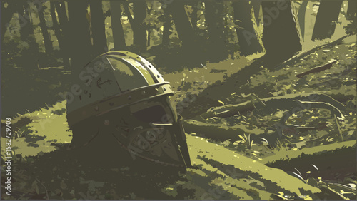 Medieval knight helmet in forest illustration for historical artwork and fantasy themed digital art design project