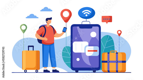 A man is holding a cell phone and looking at it. He is standing next to a suitcase and a backpack. The suitcase is on the left side of the image, and the backpack is on the right side