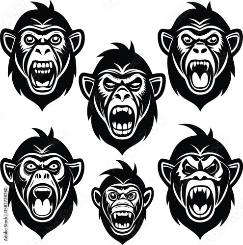 A striking vector illustration set featuring tribal animal heads, including fierce lion and tiger faces, perfect for tattoo designs or powerful symbols, ancient, warrior, mask, icon, traditional, abst