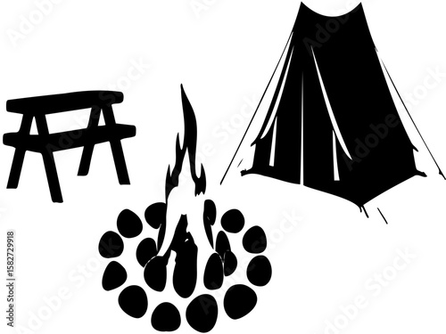 Vector silhouette design of camping and campfire icons