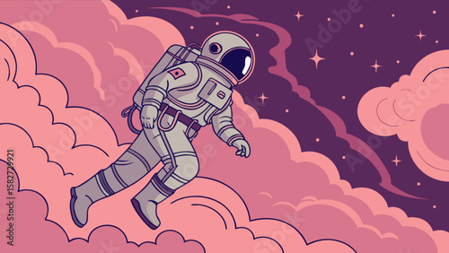 Astronaut in space with pink clouds vector illustration for cosmic exploration and space travel themed designs