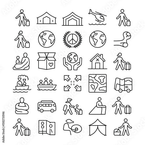 Collection of Black Line Icons Depicting Refugee Crisis Humanitarian Aid Migration Displacement Travel Shelter Transportation Family Children Peace Globe Map Boat Bus Tent