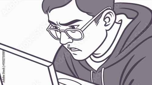Frustrated coder programmer working on laptop computer software development coding bug fixing problem solving